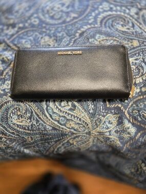 Michael Kors Black Net Set Travel Zip Wallet with Gold Hardware